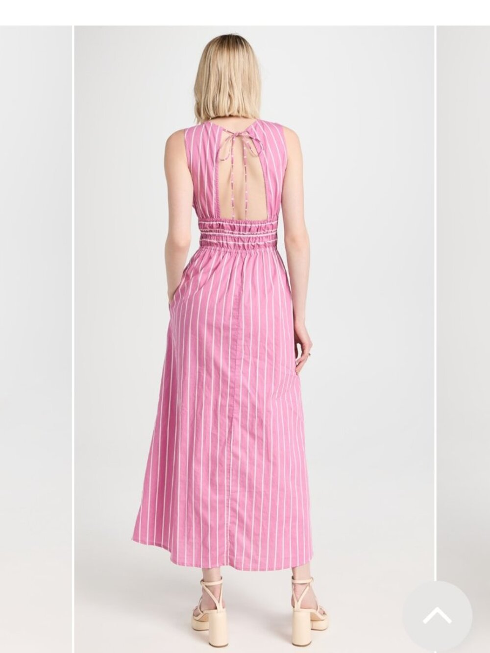 Faithfull The Brand Pink Stripe Smocked Waist Midi Dress Size L Open Back Tie - Picture 4 of 12